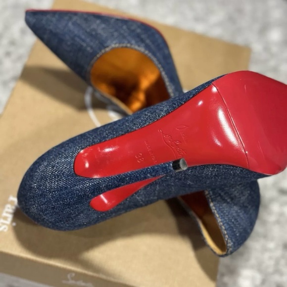 Christian Louboutin So Kate 120 Blue Denim Saba Gold Stiletto Heel Pump 38 - Picture 2 of 7